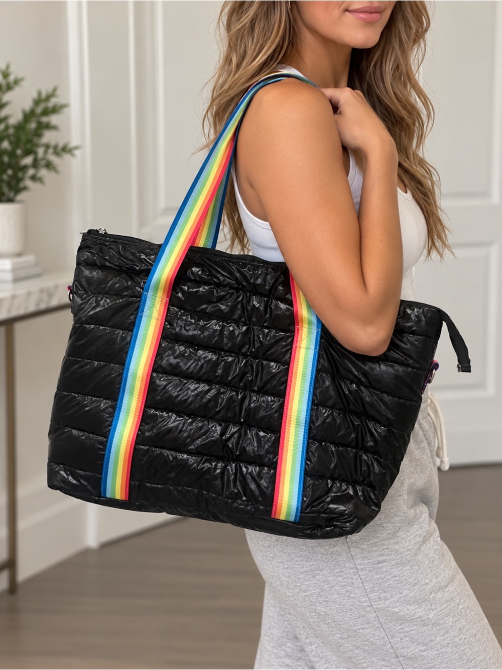 Top Trenz Black Puffer Weekender Tote Rainbow Straps & Shoulder Strap NWOT